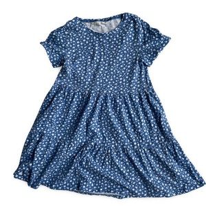 H&M Girls Blue Floral Print Short Sleeve Flare Dress, Size 6-8Y, 100% Cotton